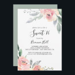 Invitation Élégante Pink Blush Floral Sweet 16 Anniversaire<br><div class="desc">Cette élégante invitation à la fête de 16 ans,  à la floraison rose,  est parfaite pour un anniversaire moderne. Le design se compose de roses roses et de pivoines dessinés à la main avec des feuilles verts et gris,  inspirant la beauté naturelle.</div>
