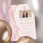 Invitation Elégante Pink Gold Agate Bat mitzvah Photo Party<br><div class="desc">L'agate rose et or chic orne le côté de cette cérémonie Bat mitzvah élégante et de l'invitation à la fête. Le nom de votre fille est écrit dans une belle écriture formelle sous l'Étoile de David avec sa photo. Invitation photo parfait pour une famille juive élégante célébrant une fille appelée...</div>