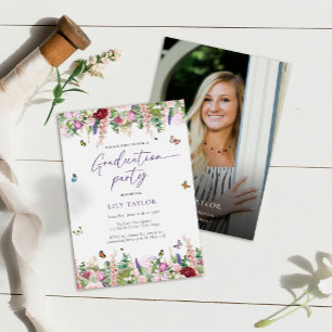 Invitation Élégante Pink Purple Floral Photo Party