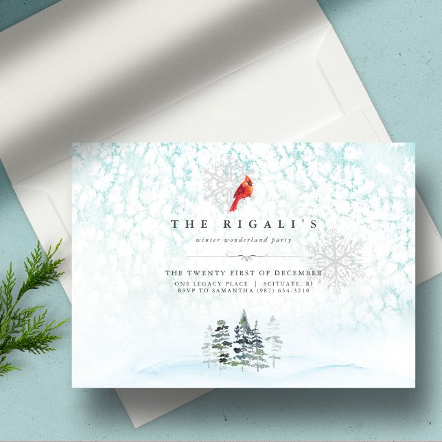 Invitation Elégante Pins d'hiver Aquarelle de Noël (Christmas invitations watercolor winter pine trees and cardinal blue snowy scene)