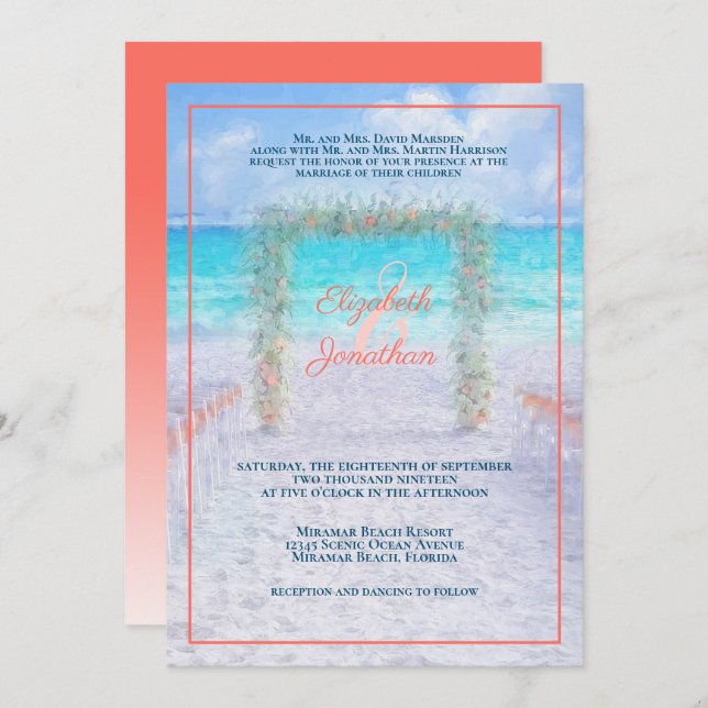 Invitation Elégante plage Arbor Blue Coral Ombre Mariage (Devant / Derrière)