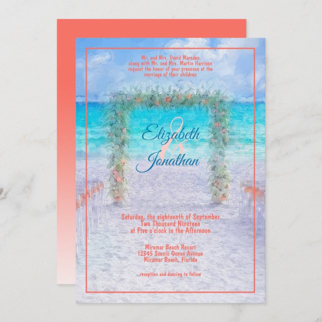 Invitation Elégante plage Arbor Blue Coral Ombre Mariage (Devant / Derrière)