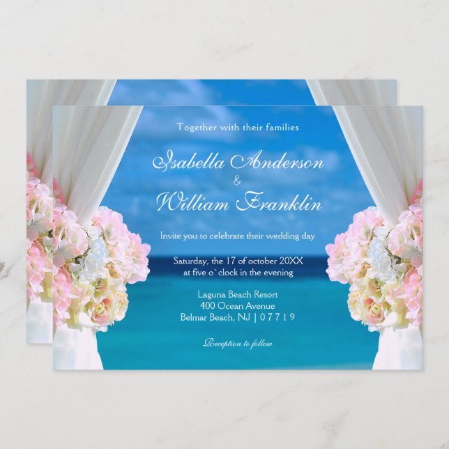 Invitation Elégante plage Floral Océan Mariage d'été Porte (Devant / Derrière)