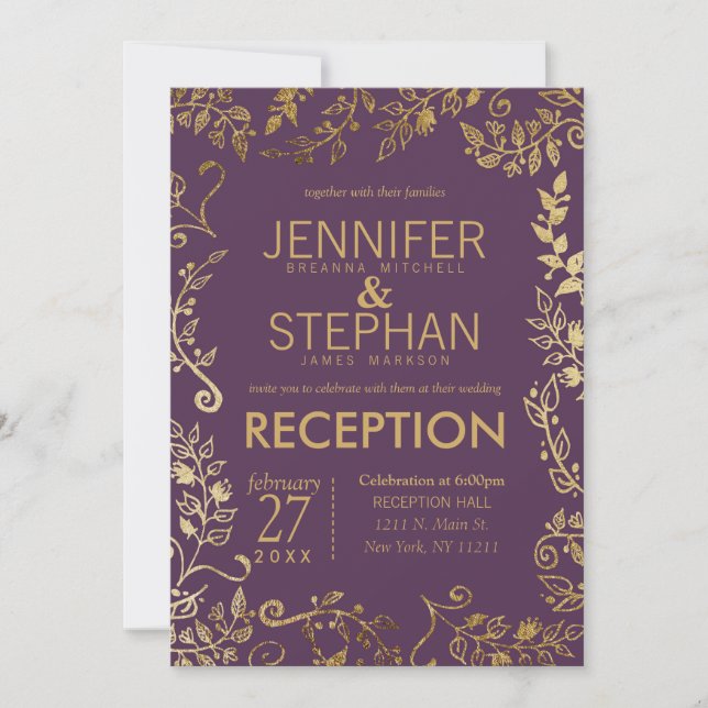 Invitation Elégante Plum Purple Gold Floral Mariage Réception (Devant)