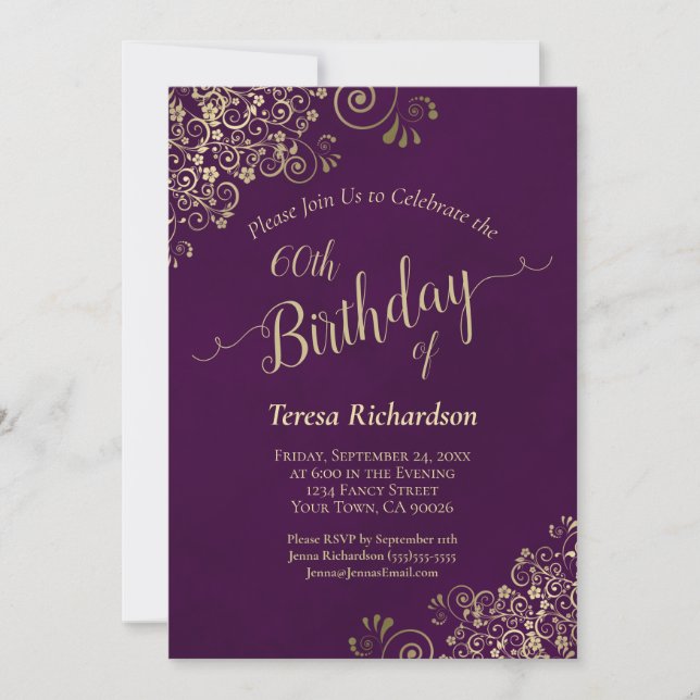 Invitation Elégante Plum Purple & Or Milestone Anniversaire (Devant)