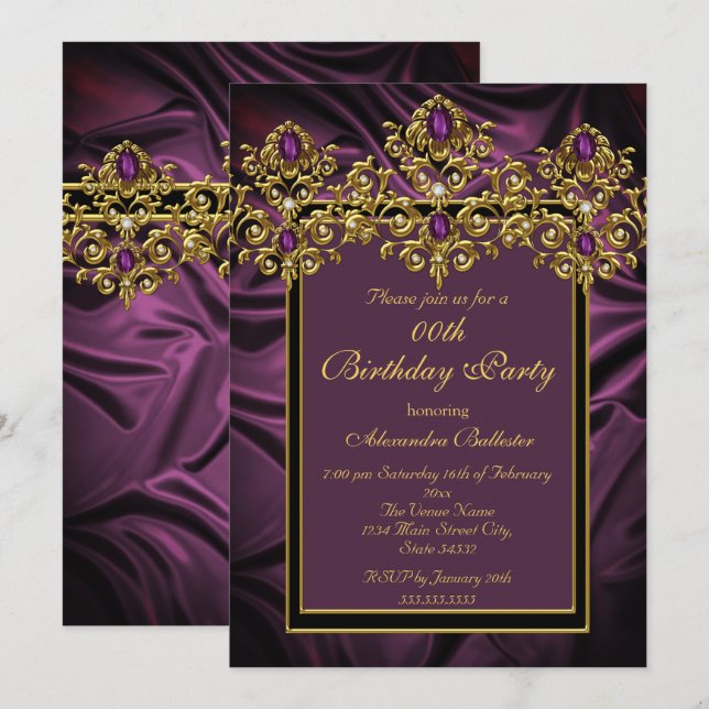 Invitation Elégante Plum violet fête d'anniversaire Soie Gem  (Devant / Derrière)