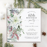 Invitation Elégante Poinsettia Florale 60 décembre Anniversai<br><div class="desc">Avec toutes les vibrations festives de la saison de Noël, ce thème de fête de 60e anniversaire de vacances d'hiver est décoré d'un magnifique bouquet en cascade de poinsettias d'aquarelle blanche et d'éléments floraux rouges et verts sur un arrière - plan blanc propre. Vous pouvez modifier l'âge à n'importe quel...</div>