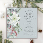 Invitation Elégante Poinsettia Florale 60 décembre Anniversai<br><div class="desc">Avec toutes les vibrations festives de la saison de Noël, cette fête d'hiver à thème 60ème anniversaire de conception présente un magnifique bouquet en cascade de poinsettias d'aquarelle blanche et des éléments floraux rouges et verts sur un arrière - plan bleu poussiéreux. Vous pouvez modifier l'âge à n'importe quel âge...</div>