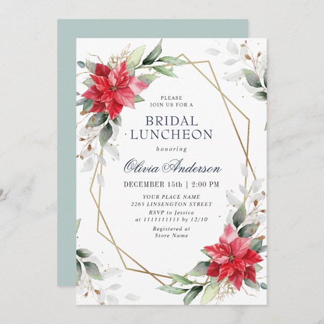Invitation Élégante Poinsettia Hiver verdure BRIDAL LUNCHEON (Devant / Derrière)