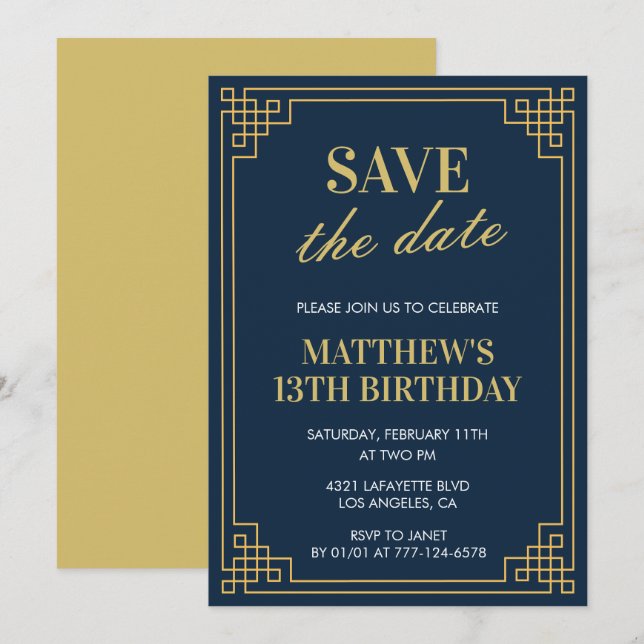 Invitation élégante pour 13ème anniversaire garçon (Devant / Derrière)