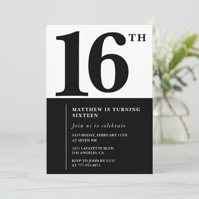 Invitation élégante pour 16 ans Black Chic Moderne (Debout devant)