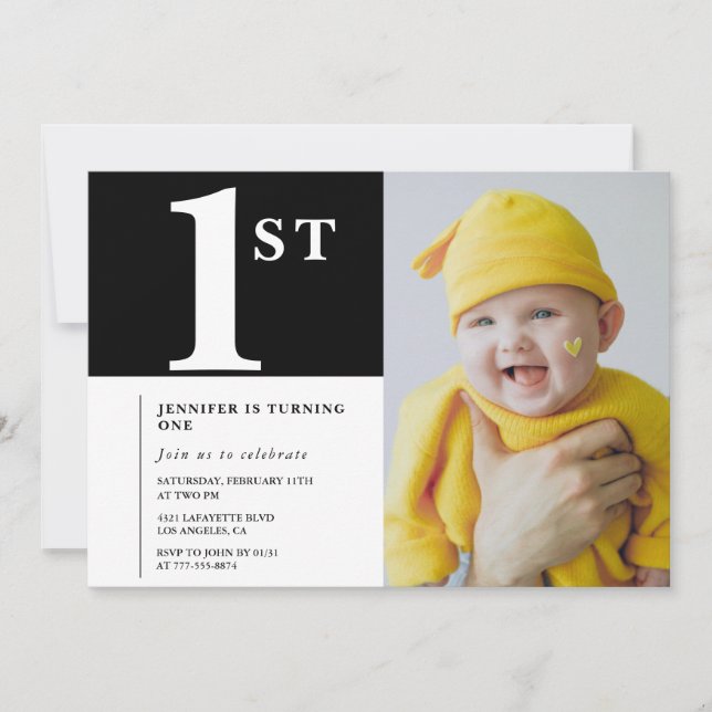Invitation élégante pour 1er anniversaire Photo No (Devant)