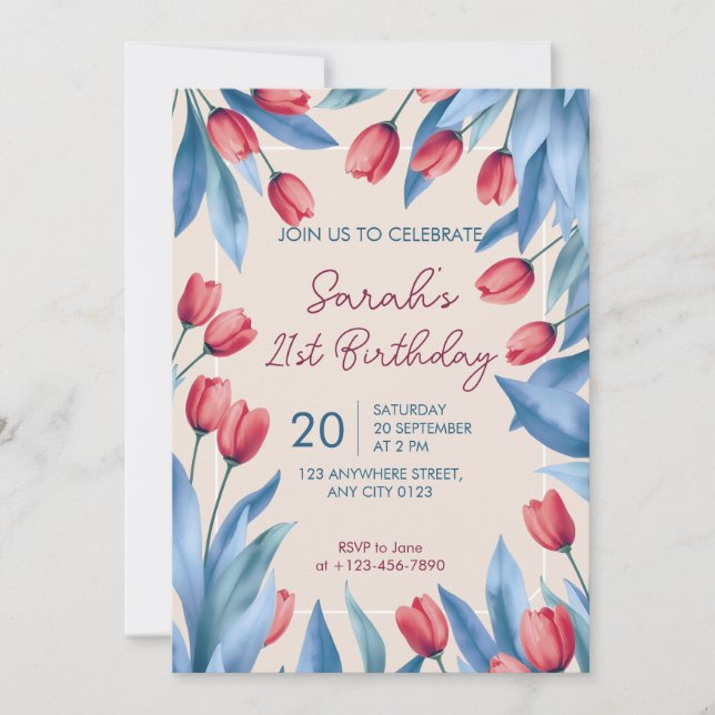 Invitation élégante pour 21 ans avec tulipes flora (Devant)