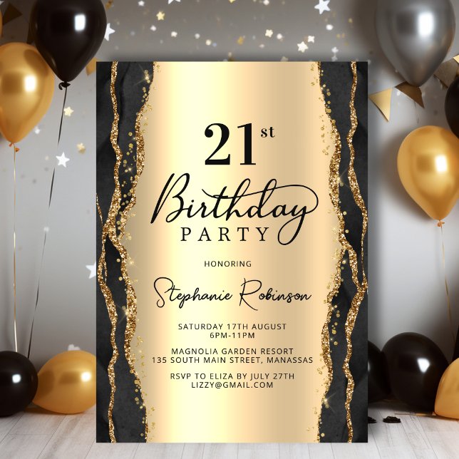 Invitation élégante pour 21 ans en Agate Or Noir (Créateur téléchargé)