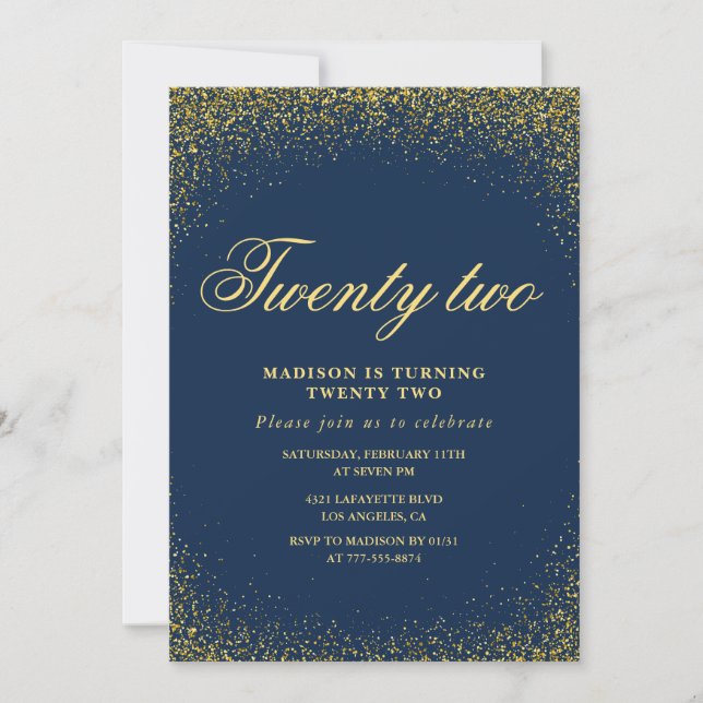 Invitation élégante pour 22 ans avec paillettes or (Devant)