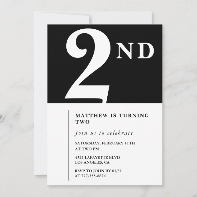 Invitation élégante pour 2ème anniversaire Noir Bl (Devant)