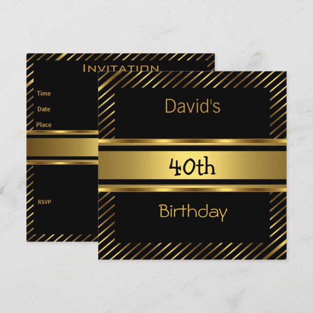 Invitation élégante pour 40 ans avec rayure noire  (Devant / Derrière)