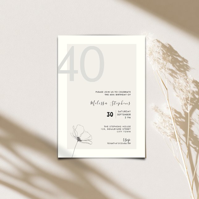 Invitation élégante pour 40 ans - Style minimalist (Elegant 40th birthday invitation for woman with hand drawn flower.)