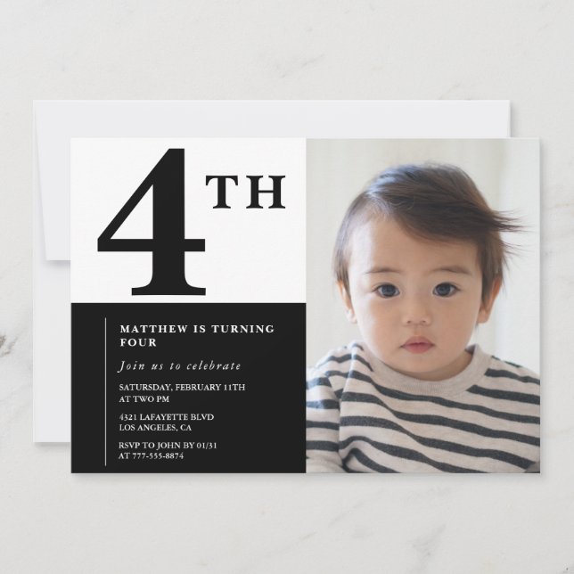 Invitation élégante pour 4ème anniversaire Noir Ch (Devant)