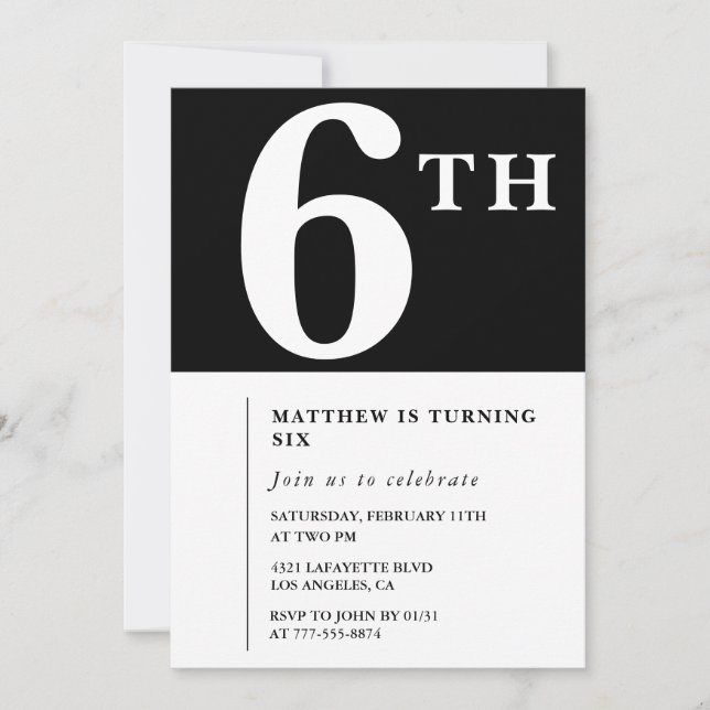 Invitation élégante pour 6ème anniversaire Garçon  (Devant)