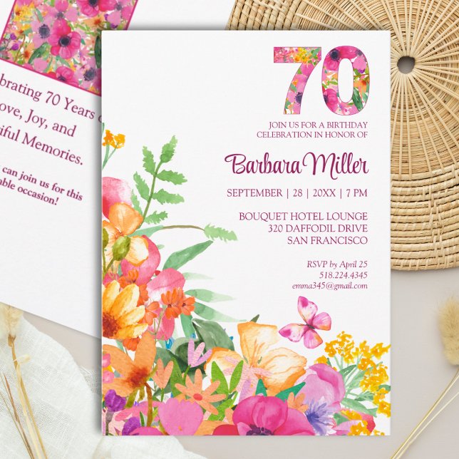 Invitation élégante pour 70 ans avec fleurs et pap (Créateur téléchargé)
