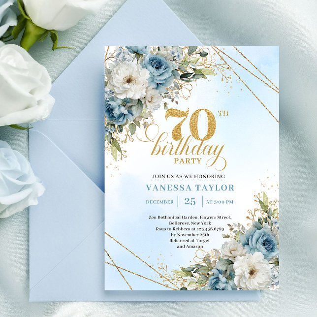 Invitation élégante pour 70e anniversaire en bleu  (Romantic Dusty Blue 70th Birthday Invite)