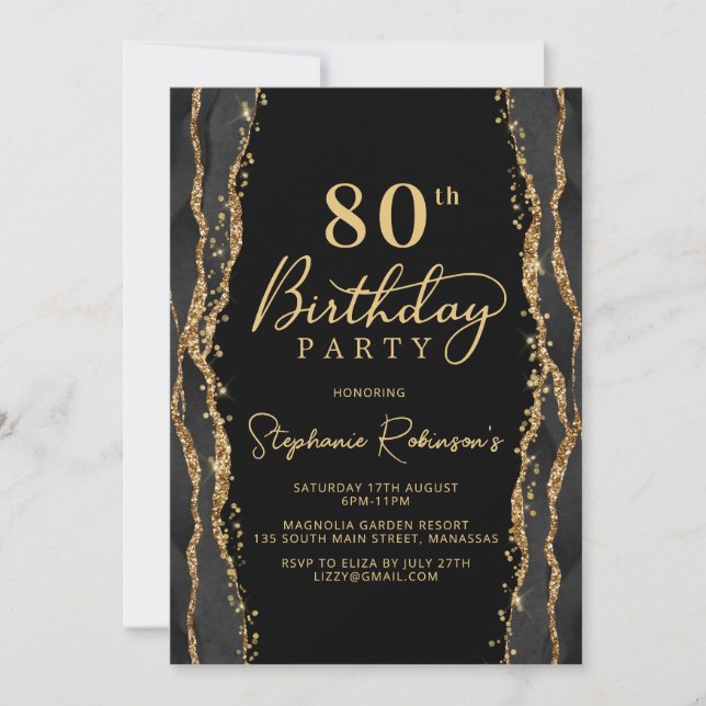 Invitation élégante pour 80 ans avec Agate Or Noir (Devant)