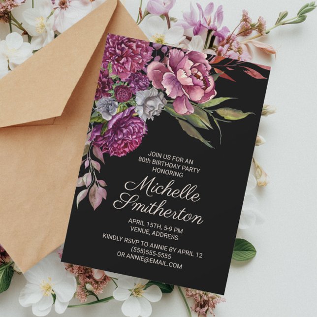 Invitation élégante pour 80 ans avec fleurs violet (Elegant purple floral on black birthday party invitation)