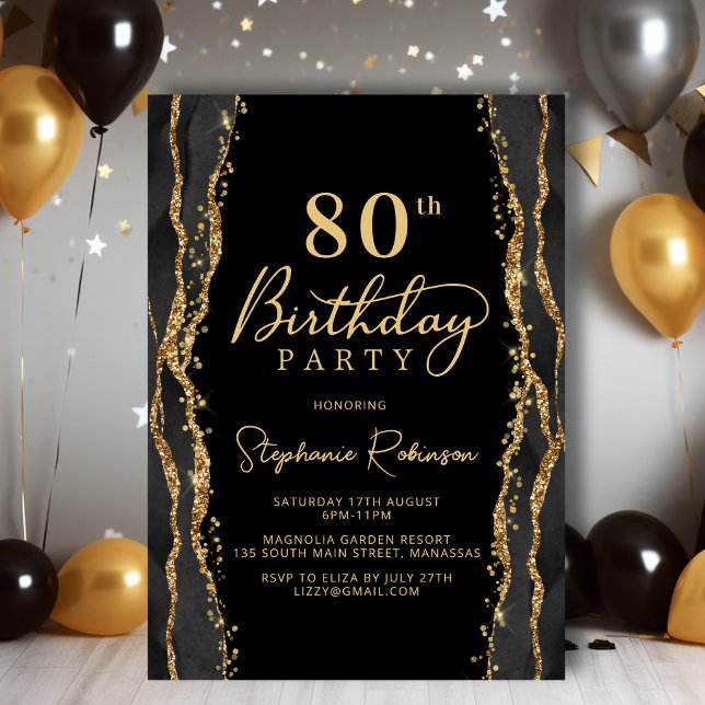 Invitation élégante pour 80 ans en Agate Or Noir (Créateur téléchargé)