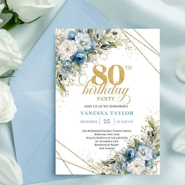Invitation élégante pour 80e anniversaire aux flor (Celebrate a milestone in style with this boho 80th birthday invitation, featuring watercolor dusty b)