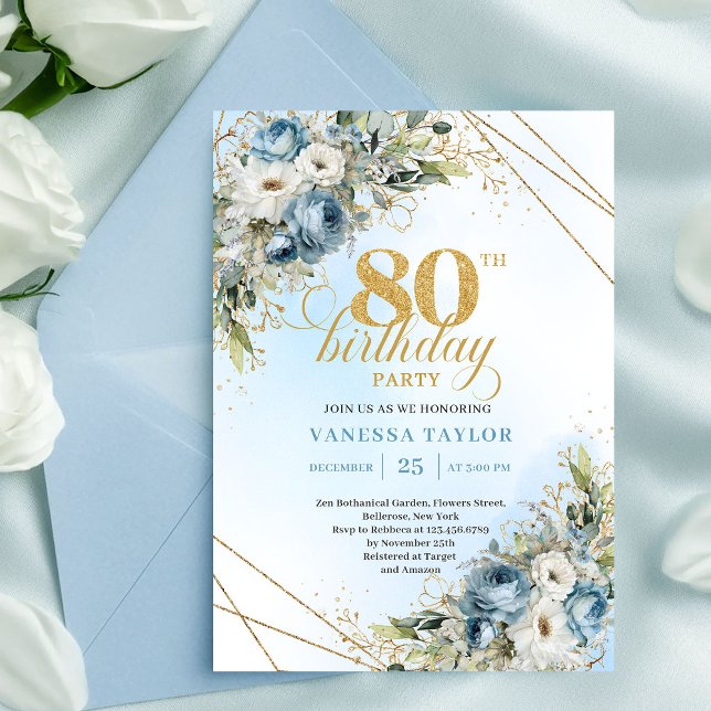 Invitation élégante pour 80e anniversaire Bleu Pou (Stylish 80th Birthday Invitation Dusty Blue Gold Frame)