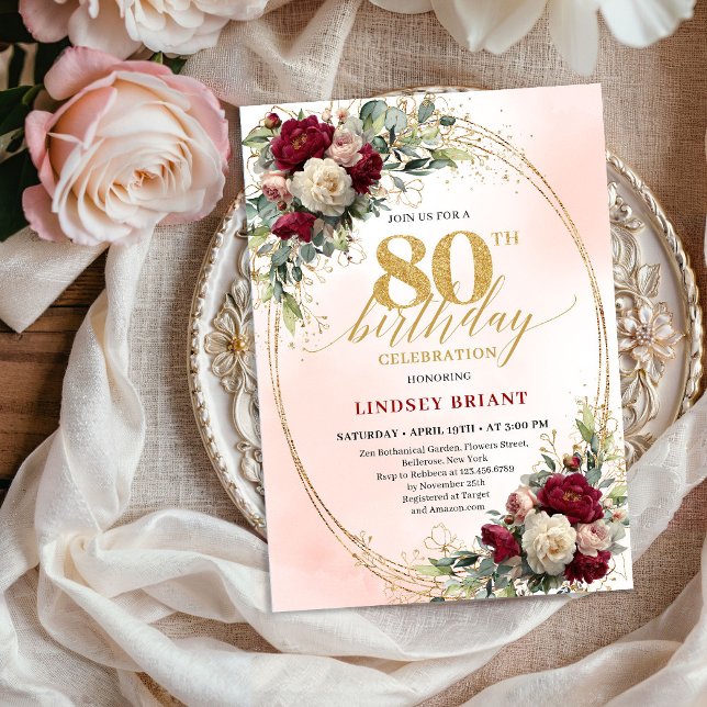 Invitation élégante pour 80e anniversaire de maria (Elegant 80th Birthday Bohemian Floral Gold Invitation)