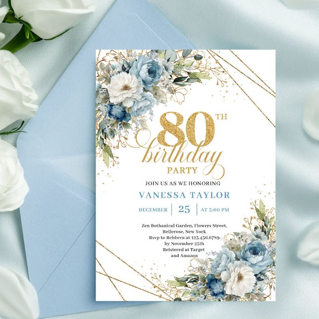 Invitation élégante pour 80e anniversaire Fleurs B (Elegant 80th Birthday Invite Dusty Blue Flowers Gold)