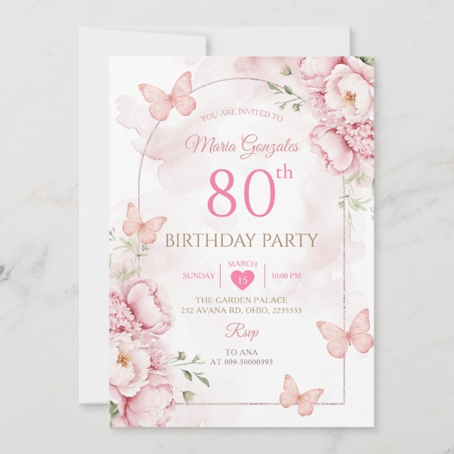 Invitation élégante pour 80e anniversaire papillon (Devant)