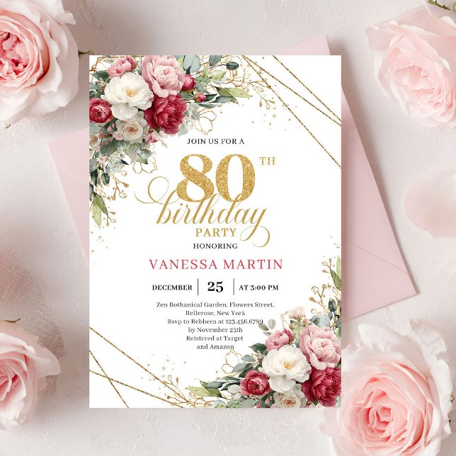 Invitation élégante pour 80ème anniversaire avec t (Elegant Burgundy Blush Gold 80th Birthday Invite)