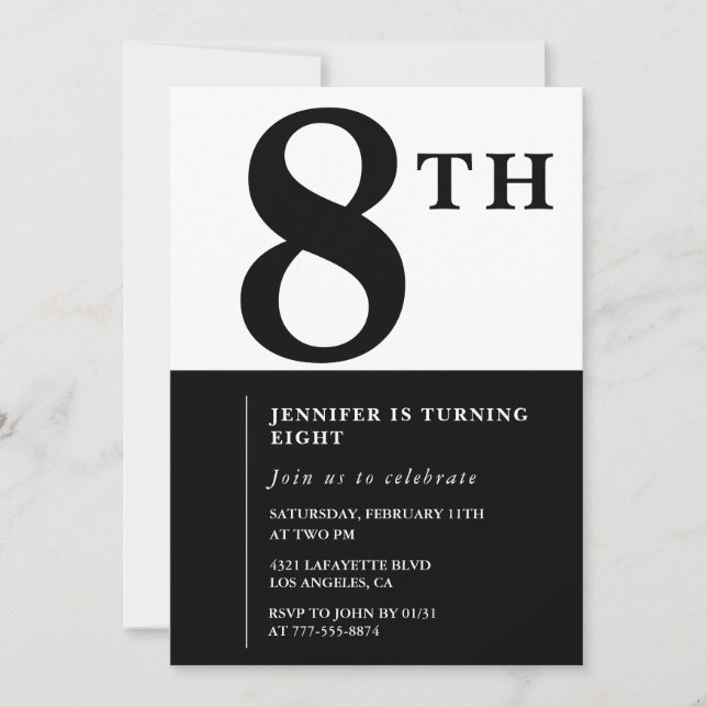 Invitation élégante pour 8ème anniversaire Fille c (Devant)