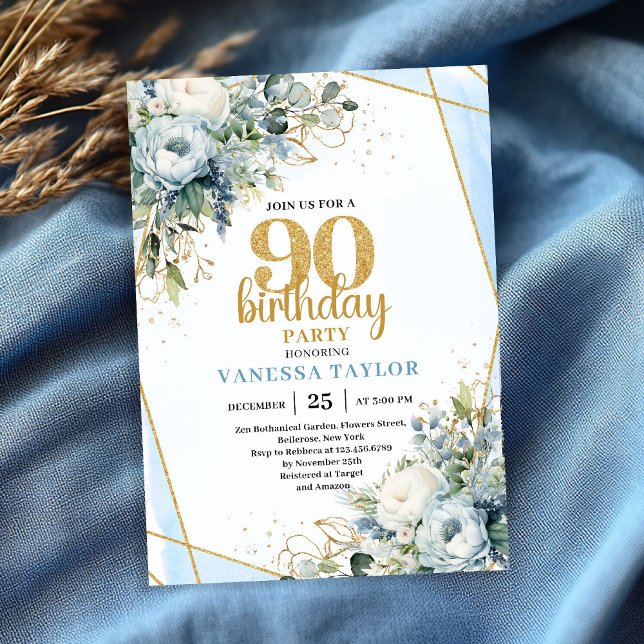 Invitation élégante pour 90e anniversaire avec aqu (Gold Blue Watercolor Elegant 90th Birthday Invite)