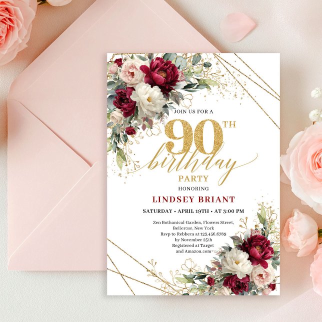 Invitation élégante pour 90e anniversaire avec fle (Elegant Maroon Gold Floral 90th Birthday Invite Card

)