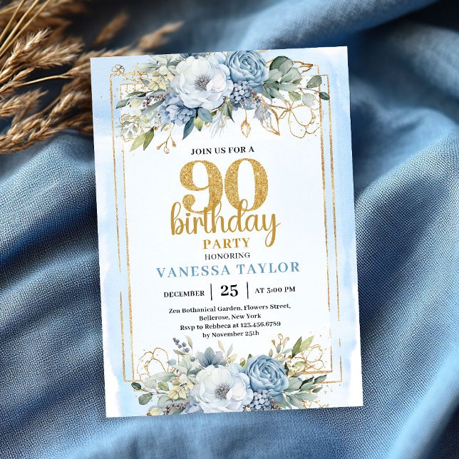 Invitation élégante pour 90e anniversaire Bleu Pou (Dusty Blue Eucalyptus 90th Birthday Elegant Invitation Gold Frame)