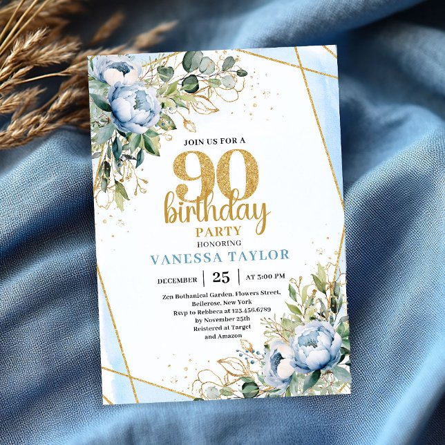 Invitation élégante pour 90e anniversaire Fleurs b (Elegant 90th Birthday Invitation Blue Floral Gold Frame

)