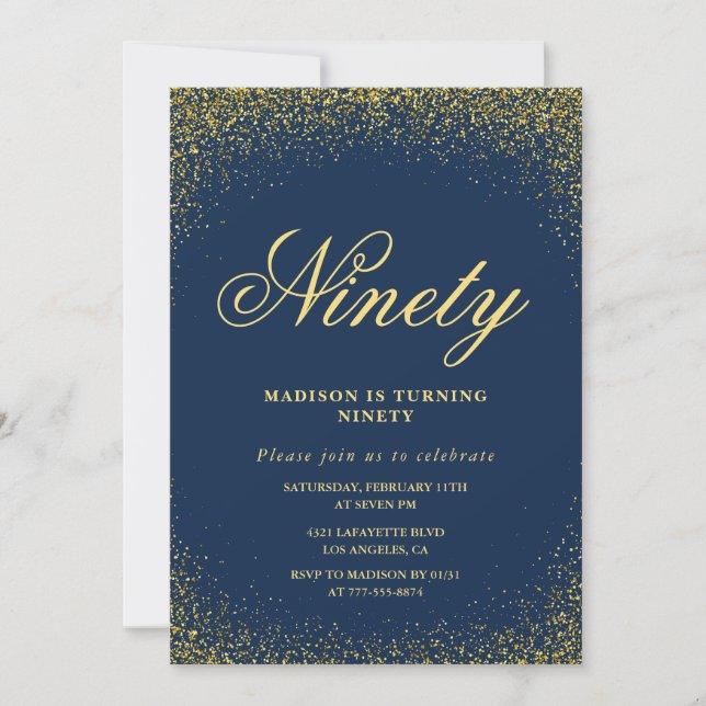 Invitation élégante pour 90e anniversaire Or Navy  (Devant)