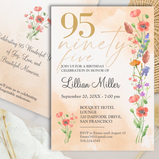 Invitation élégante pour 95 ans avec fleurs en or (Créateur téléchargé)