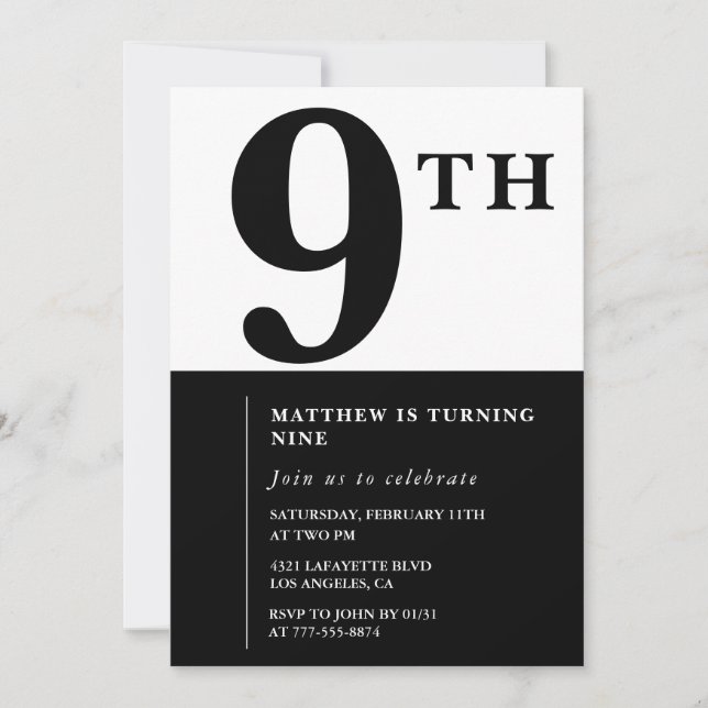 Invitation élégante pour 9 ans Black Chic Moderne (Devant)