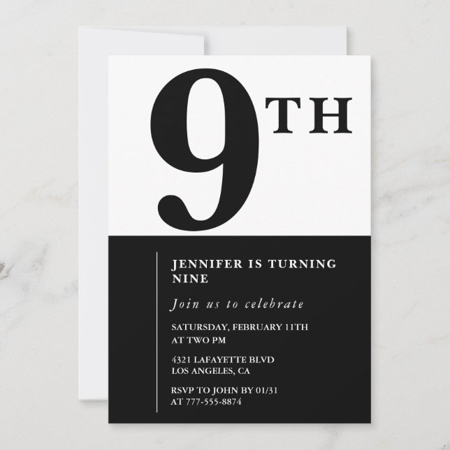 Invitation élégante pour 9ème anniversaire Fille c (Devant)