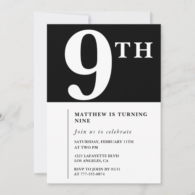 Invitation élégante pour 9ème anniversaire Garçon  (Devant)