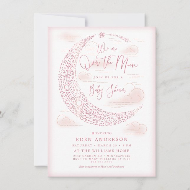 Invitation élégante pour Baby Shower Fille Lune (Devant)