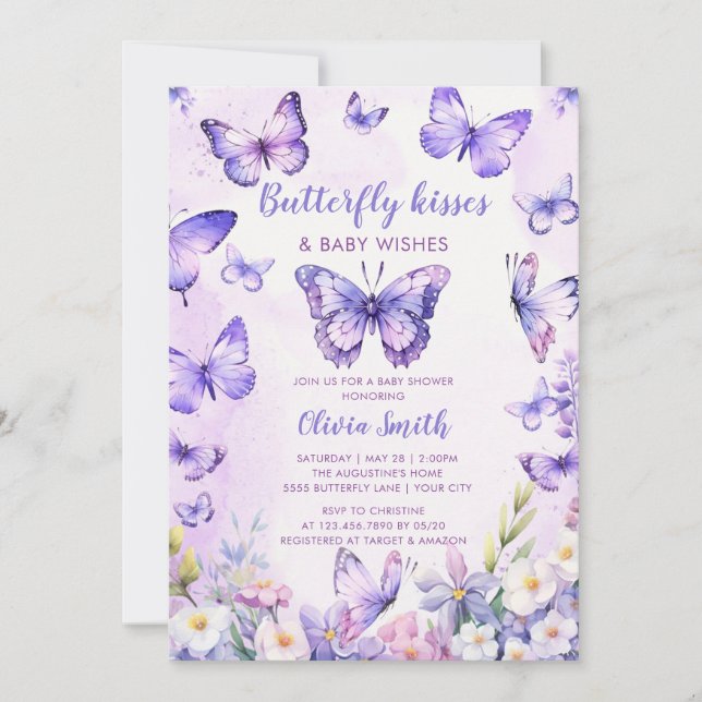 Invitation élégante pour Baby Shower papillon flor (Devant)