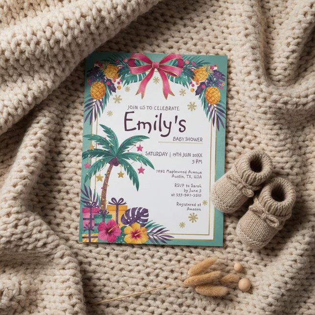 Invitation élégante pour Baby Shower sur le thème  (Tropical pineapple baby shower invitation with colorful florals and summer vibes)