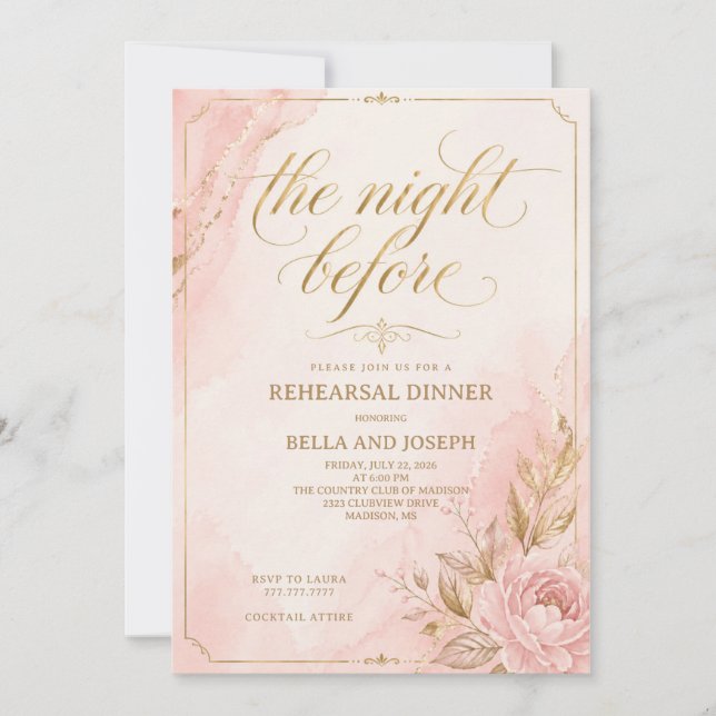 Invitation élégante pour dîner de répétition rose  (Devant)
