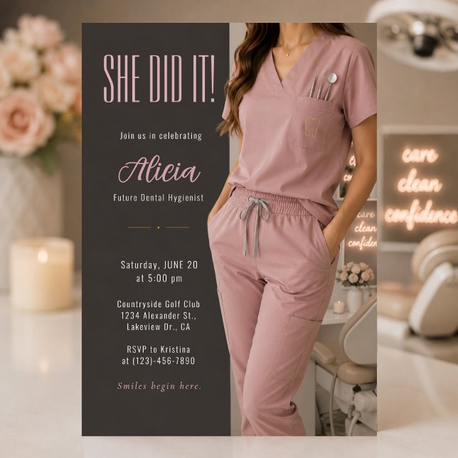 Invitation élégante pour future hygiéniste dentair (Elegant blush dental hygienist graduation invite with feminine modern medical aesthetic)